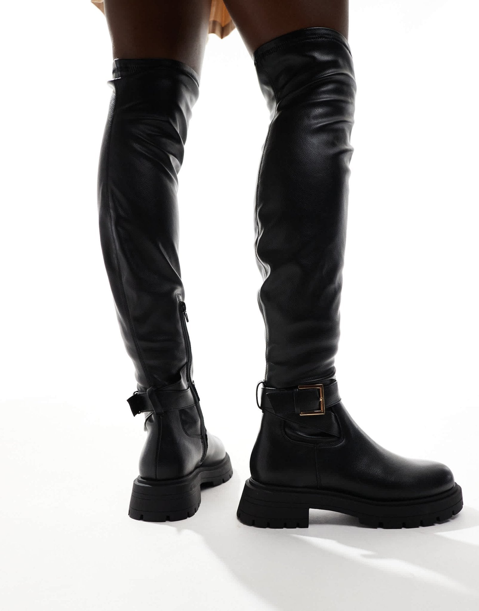 ASOS DESIGN Kirby buckle detail flat over the knee boots in black - ASOS Sample Sale