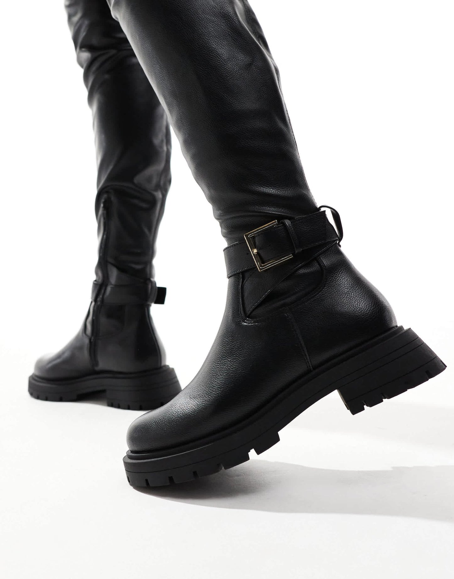 ASOS DESIGN Kirby buckle detail flat over the knee boots in black - ASOS Sample Sale
