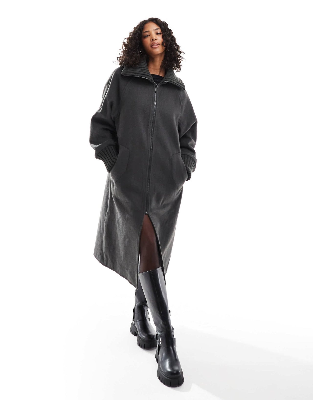 ASOS DESIGN knit collar longline coat in charcoal - ASOS Sample Sale