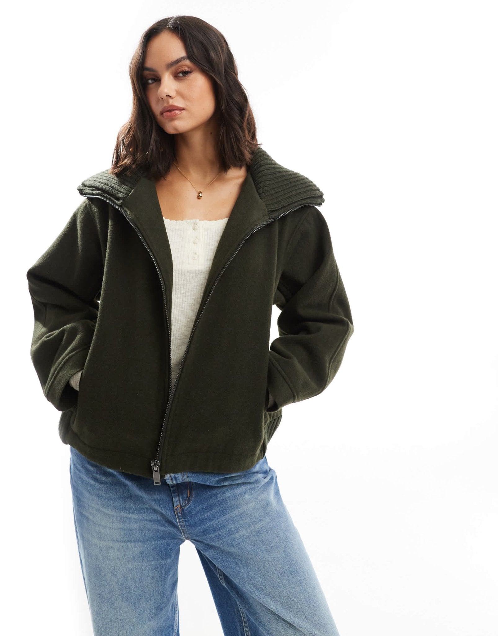 ASOS DESIGN knit collar short coat in khaki - ASOS Sample Sale