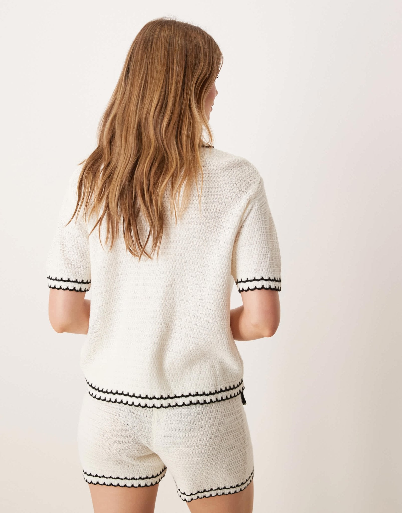 ASOS DESIGN knitted beach co ord button through top with contrast scallop stitch in cream - ASOS Sample Sale