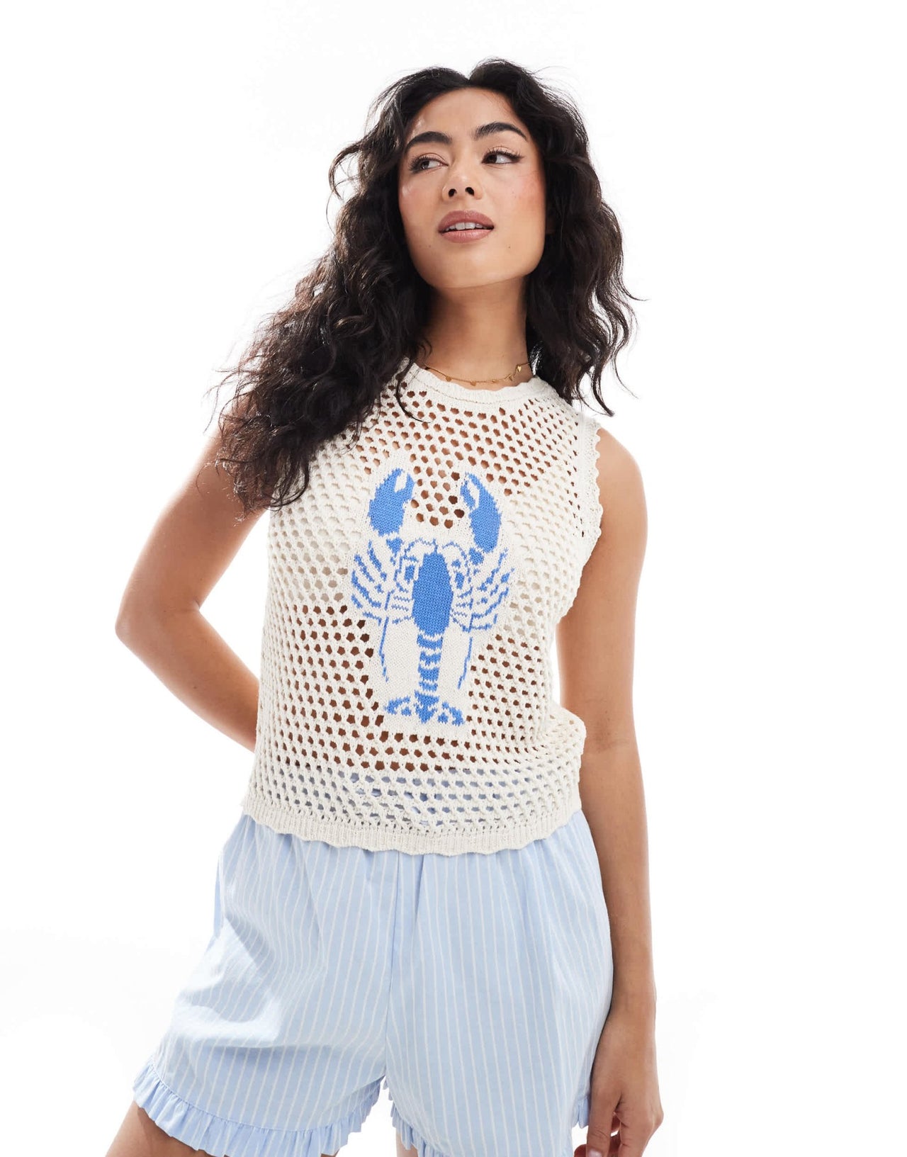 ASOS DESIGN knitted blue lobster tank top in ecru - ASOS Sample Sale