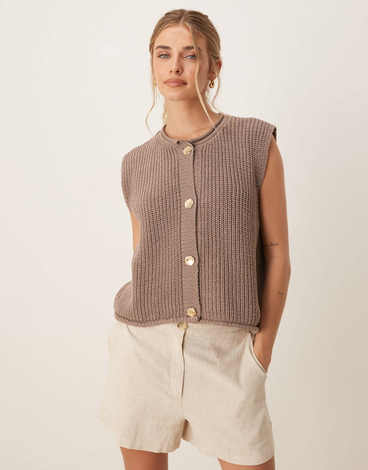 ASOS DESIGN knitted boxy waistcoat with gold buttons in mocha - ASOS Sample Sale