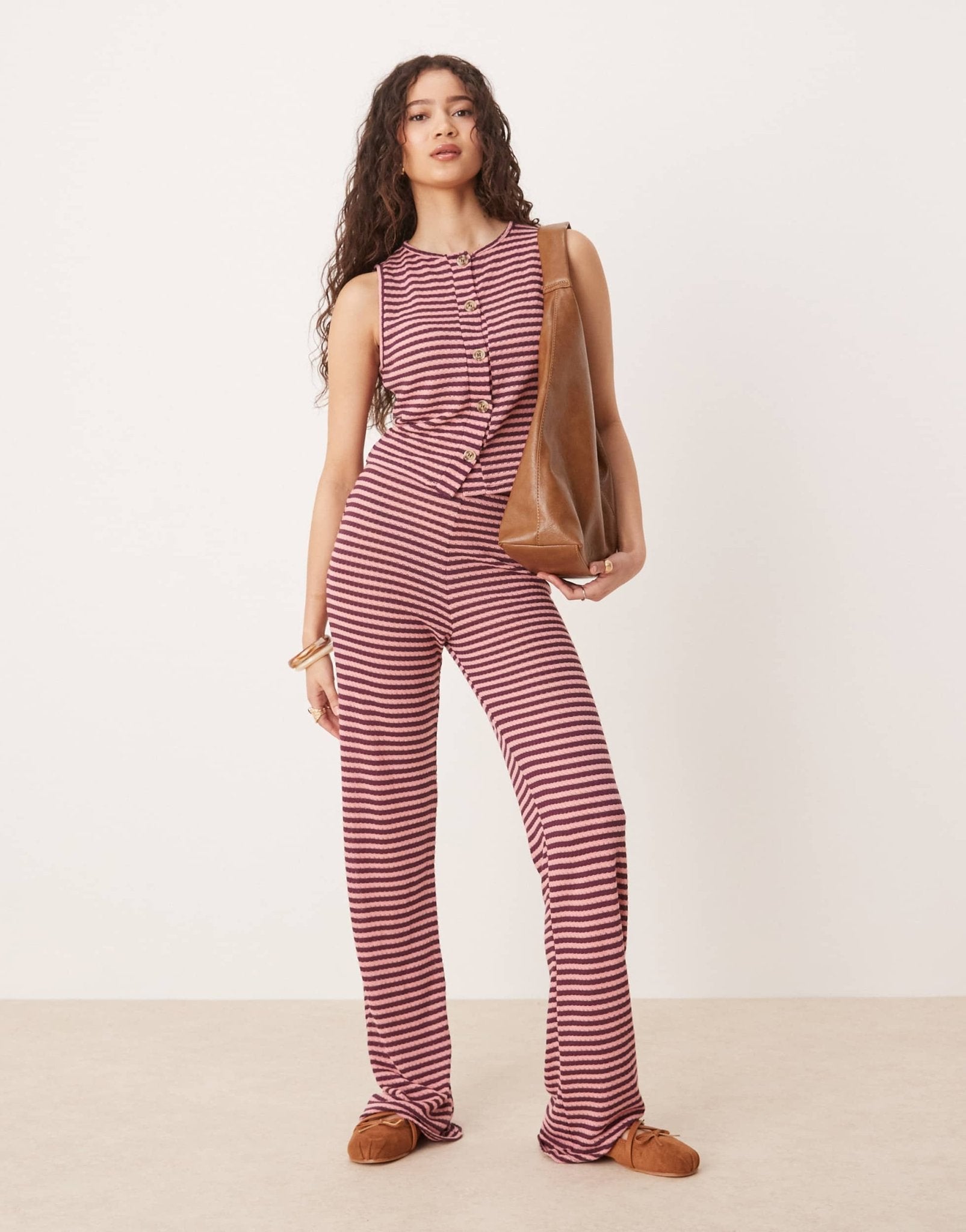 ASOS DESIGN knitted button through vest co-ord in pink and burgundy stripe - ASOS Sample Sale