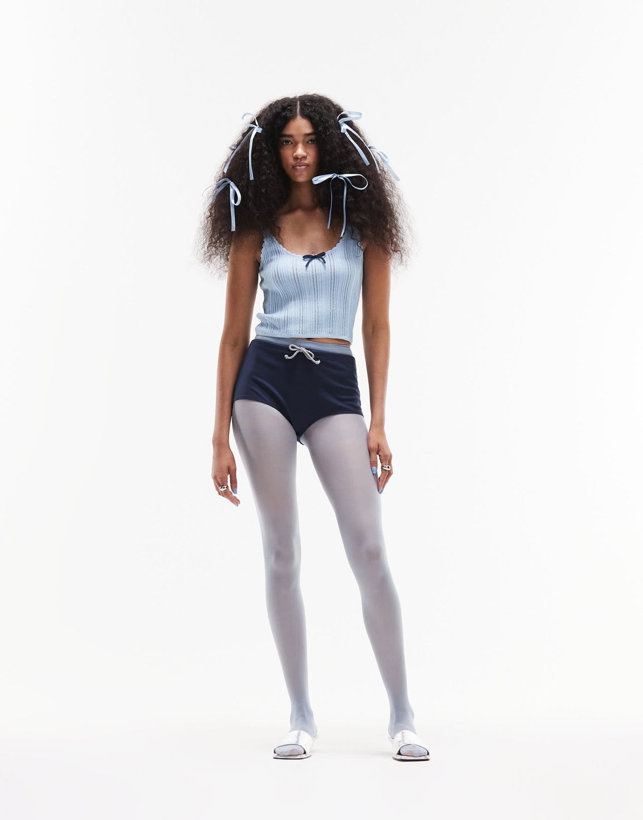 ASOS DESIGN knitted cami top in pointelle stitch with contrast bow detail in blue - ASOS Sample Sale