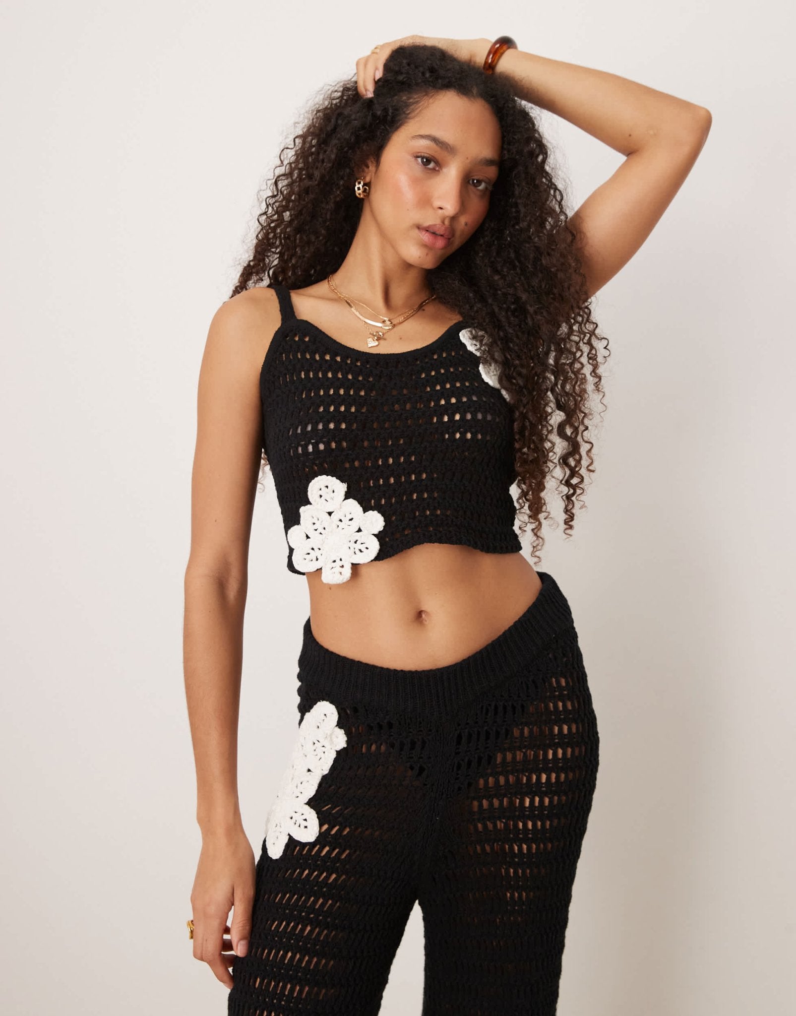 ASOS DESIGN knitted cami top with crochet patch detail co-ord in mono - ASOS Sample Sale