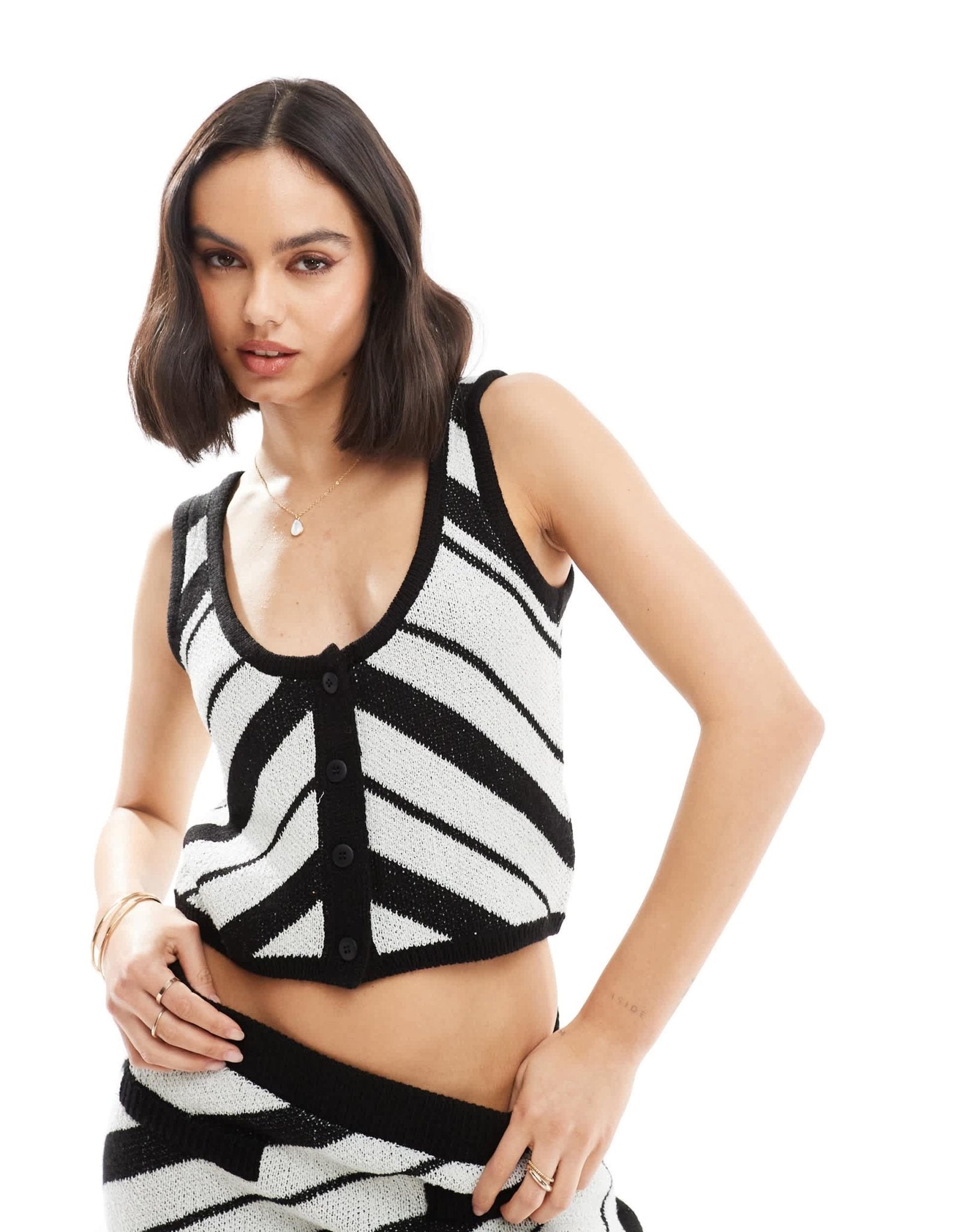ASOS DESIGN knitted cami waistcoat top co - ord in mono stripe - ASOS Sample Sale