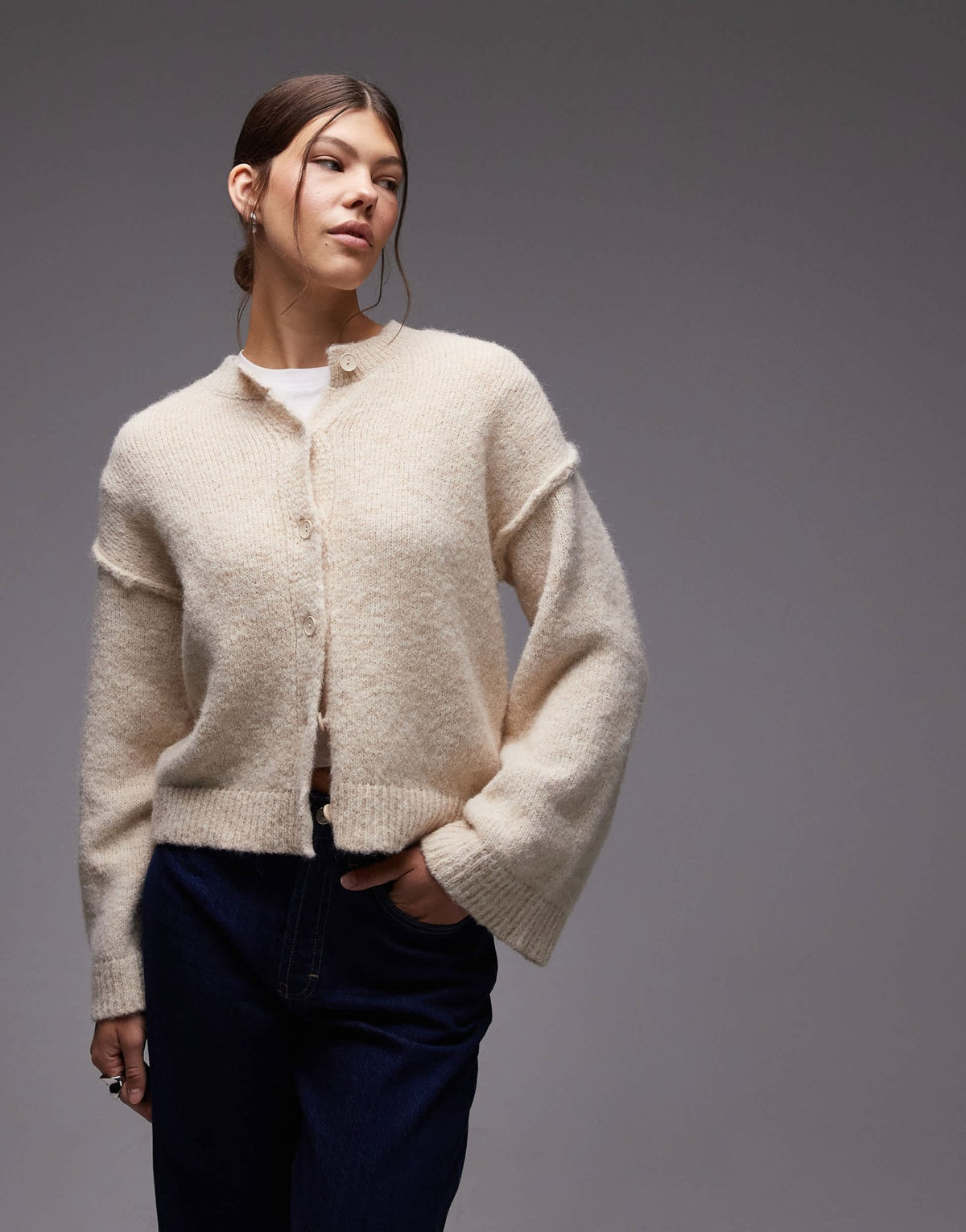 ASOS DESIGN knitted cardigan with exposed seams with wool in cream - ASOS Sample Sale