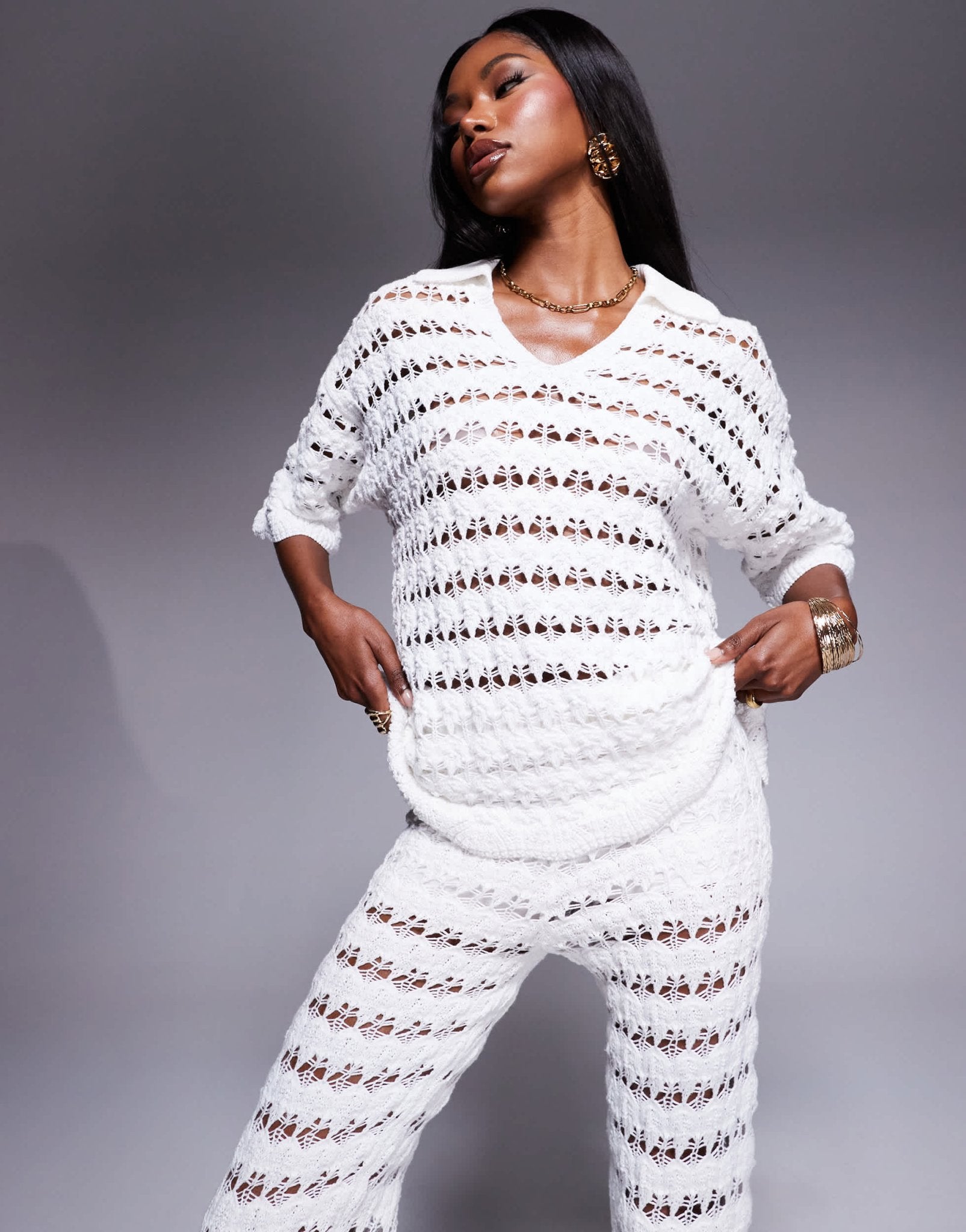 ASOS DESIGN knitted collared pretty stitch shirt co - ord in white - ASOS Sample Sale