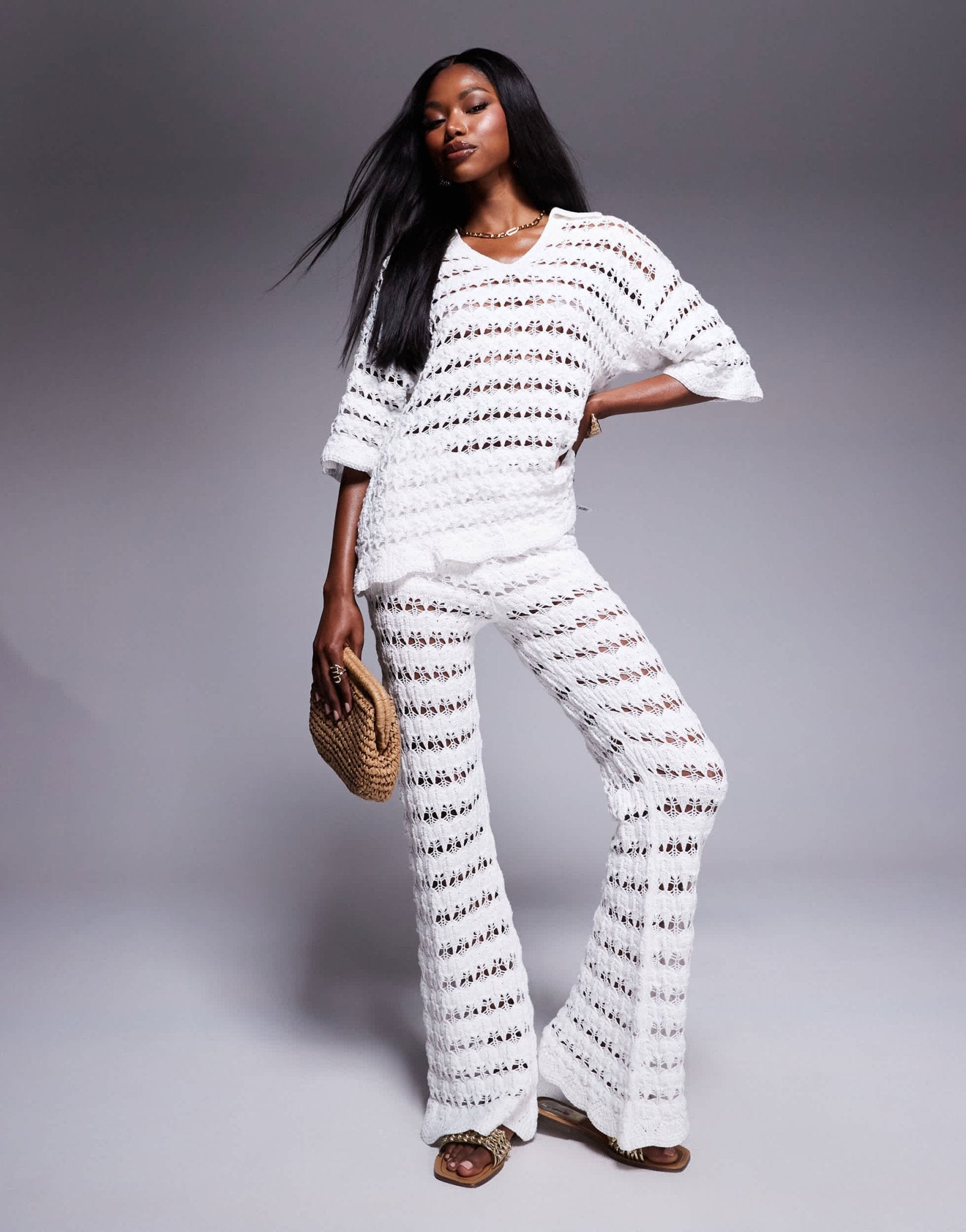 ASOS DESIGN knitted collared pretty stitch shirt co - ord in white - ASOS Sample Sale