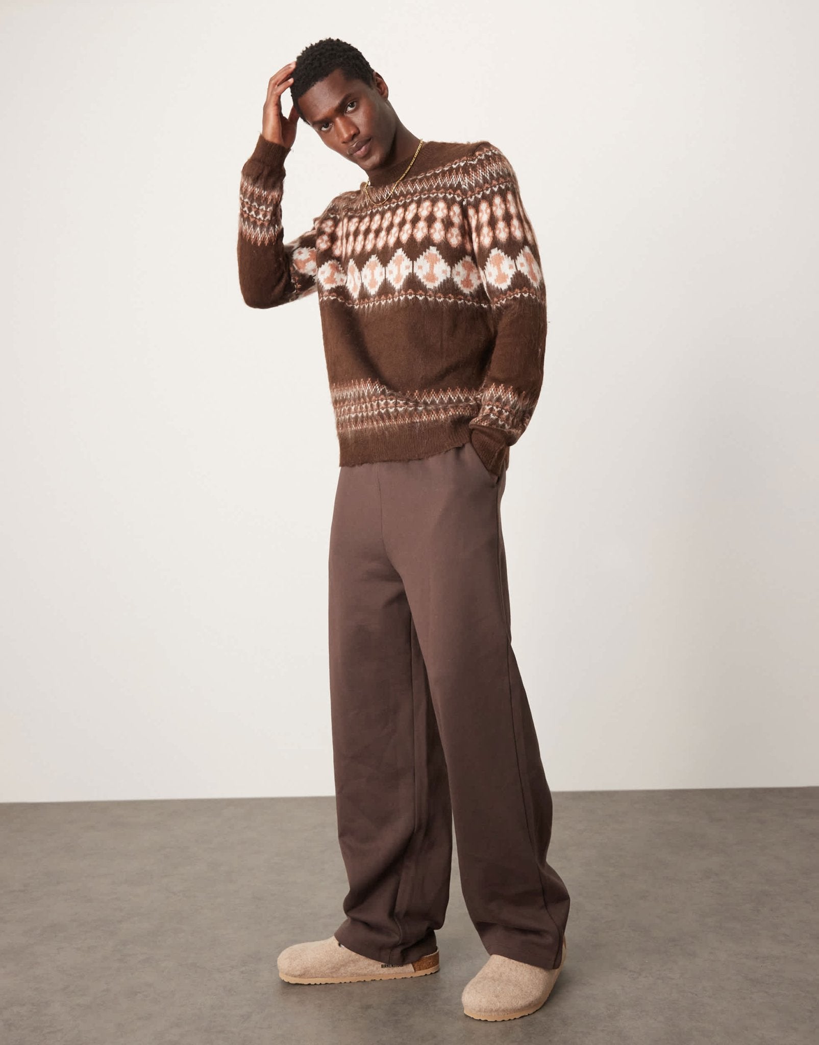 ASOS DESIGN knitted crew neck jumper with fairisle pattern in brown - ASOS Sample Sale