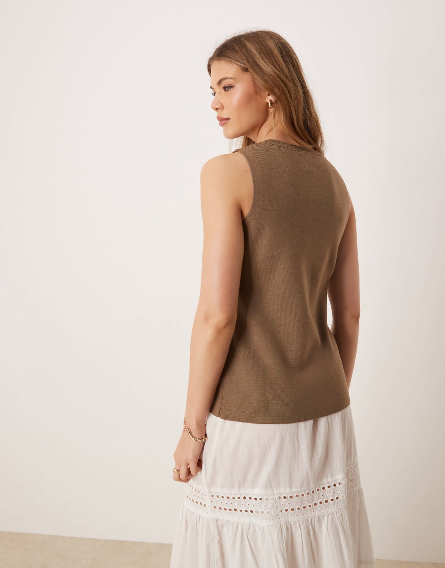 ASOS DESIGN knitted crew neck structured waistcoat with gold buttons in mocha - ASOS Sample Sale