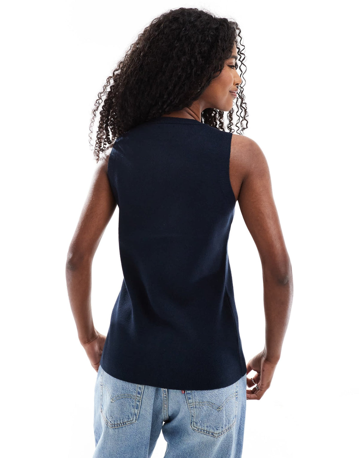 ASOS DESIGN knitted crew neck structured waistcoat with gold buttons in navy - ASOS Sample Sale