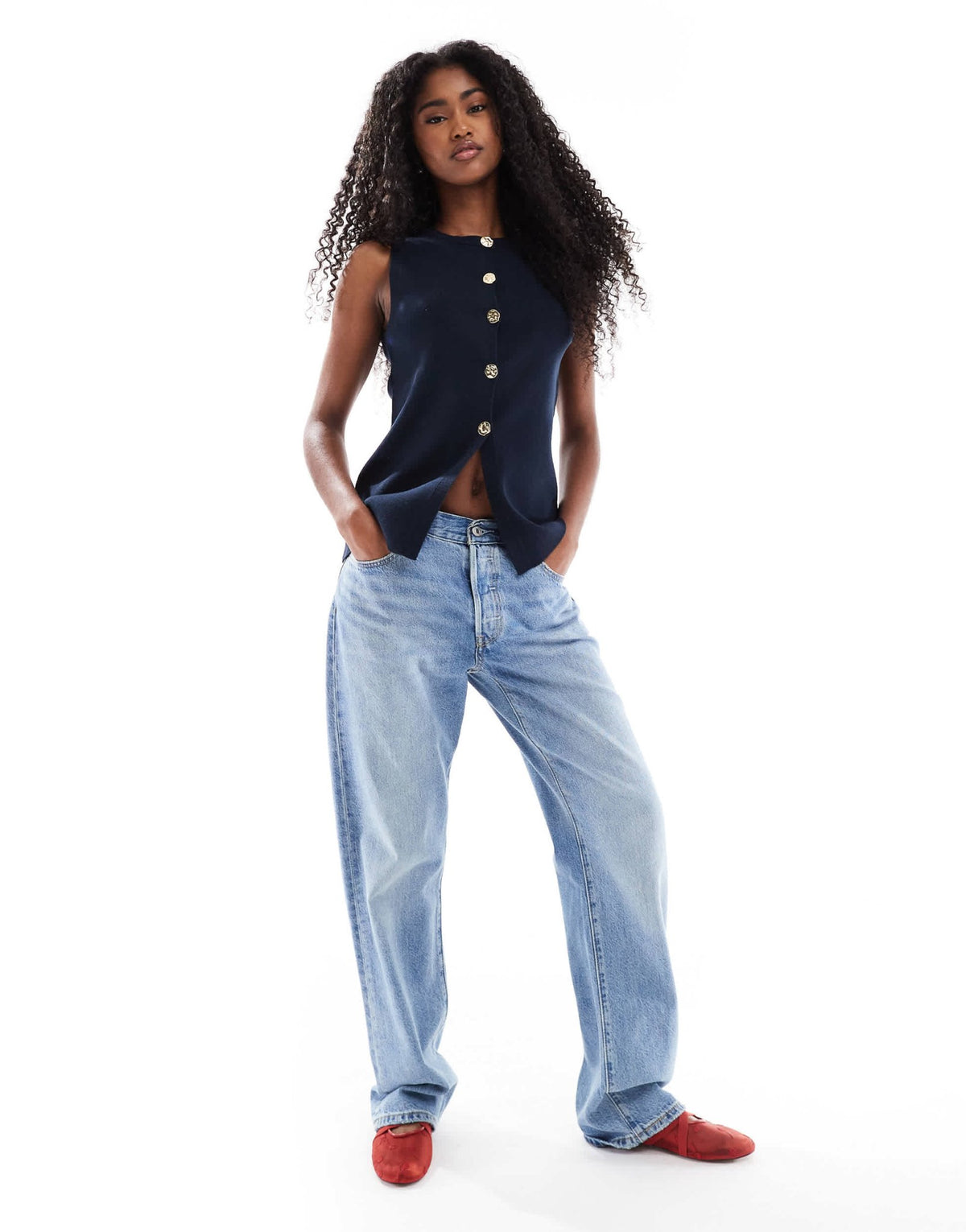 ASOS DESIGN knitted crew neck structured waistcoat with gold buttons in navy - ASOS Sample Sale