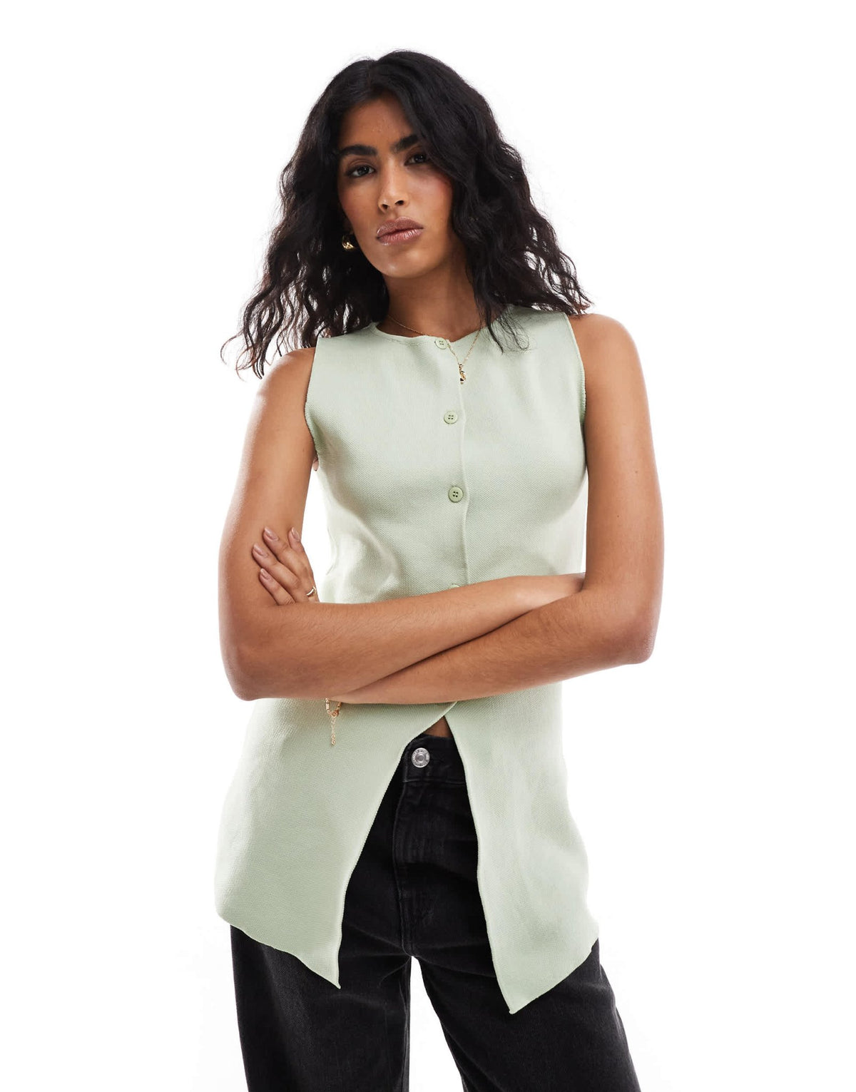 ASOS DESIGN knitted crew neck waistcoat with front split in pistachio - ASOS Sample Sale