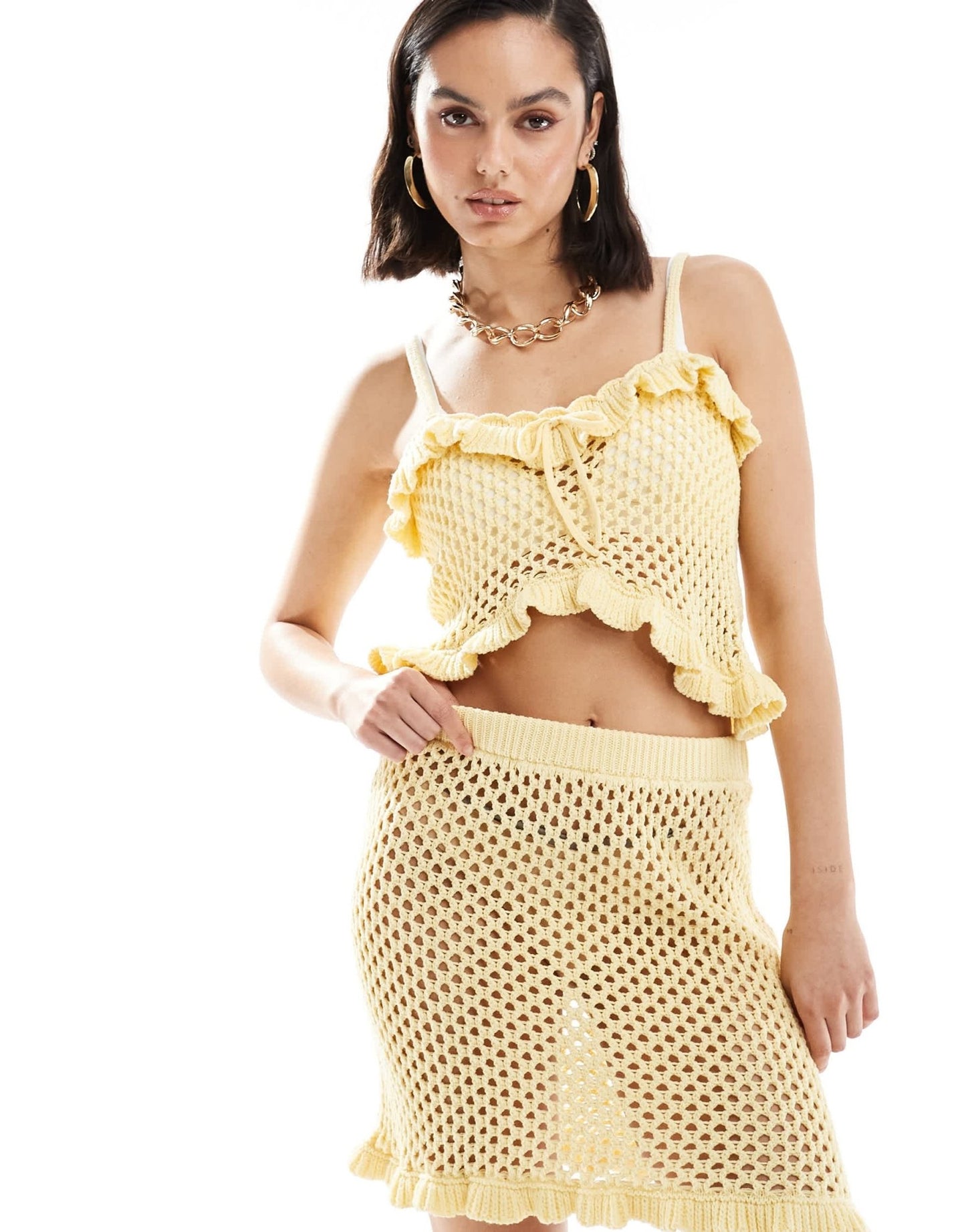 ASOS DESIGN knitted crochet cami top with frill and tie detail in lemon - ASOS Sample Sale