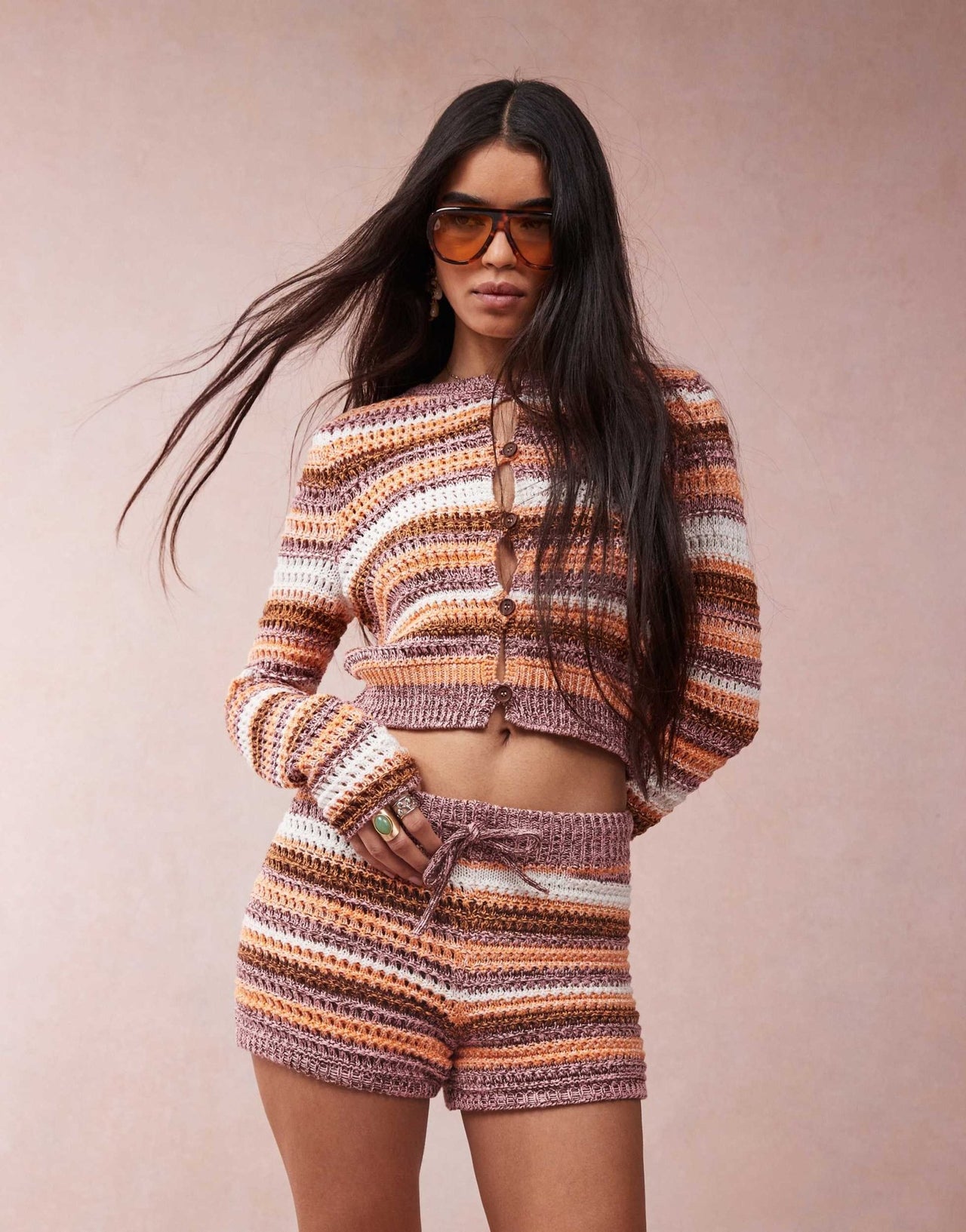ASOS DESIGN knitted crochet stripe mini short co-ord in multi twist yarn - ASOS Sample Sale