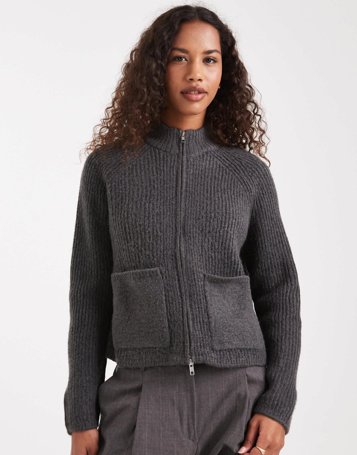 ASOS DESIGN knitted fisherman rib bomber jacket with pocket detail in charcoal - ASOS Sample Sale