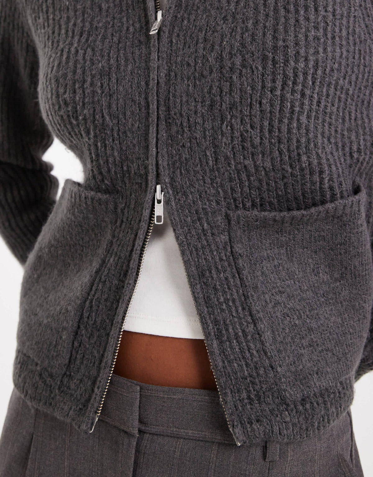 ASOS DESIGN knitted fisherman rib bomber jacket with pocket detail in charcoal - ASOS Sample Sale