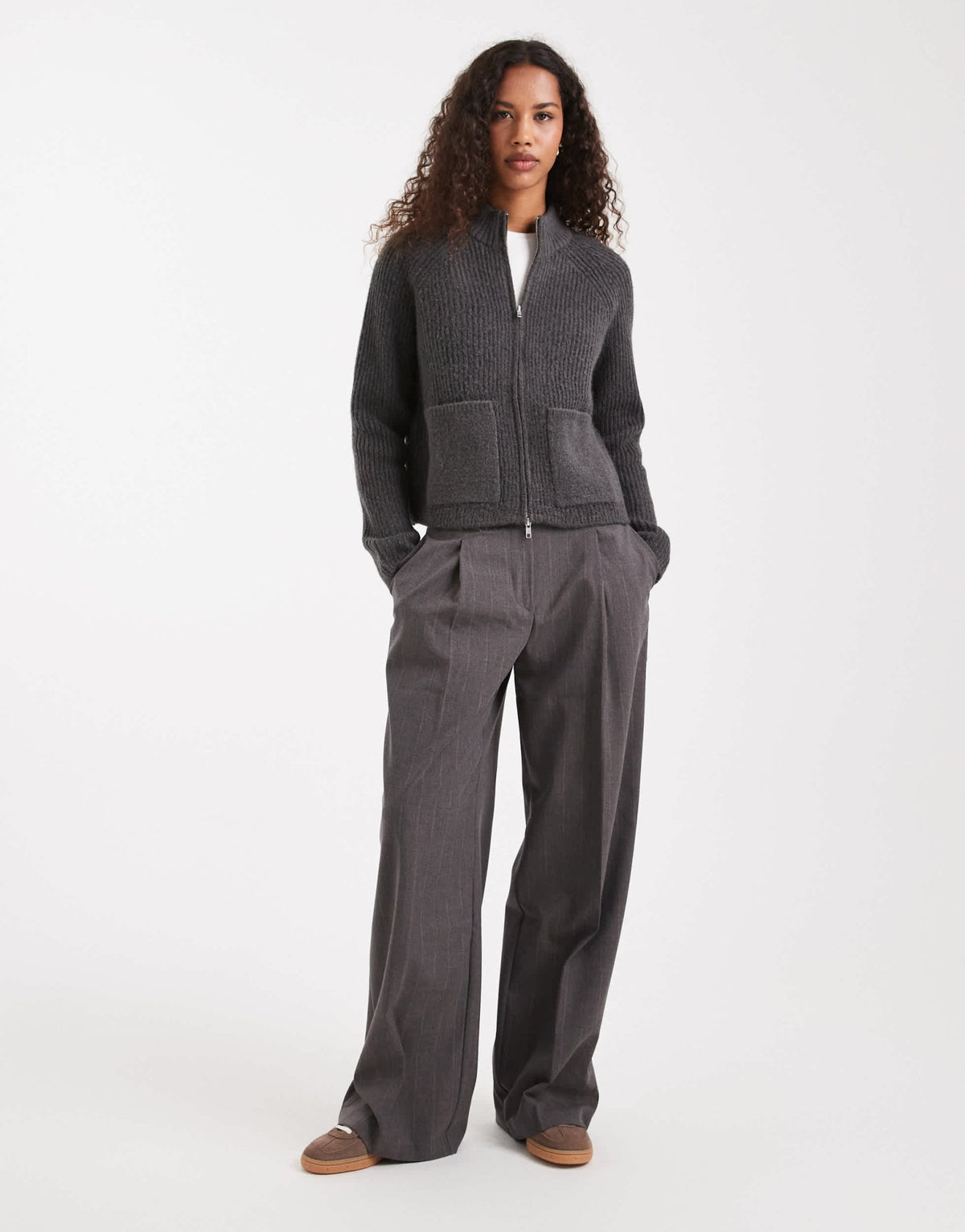 ASOS DESIGN knitted fisherman rib bomber jacket with pocket detail in charcoal - ASOS Sample Sale