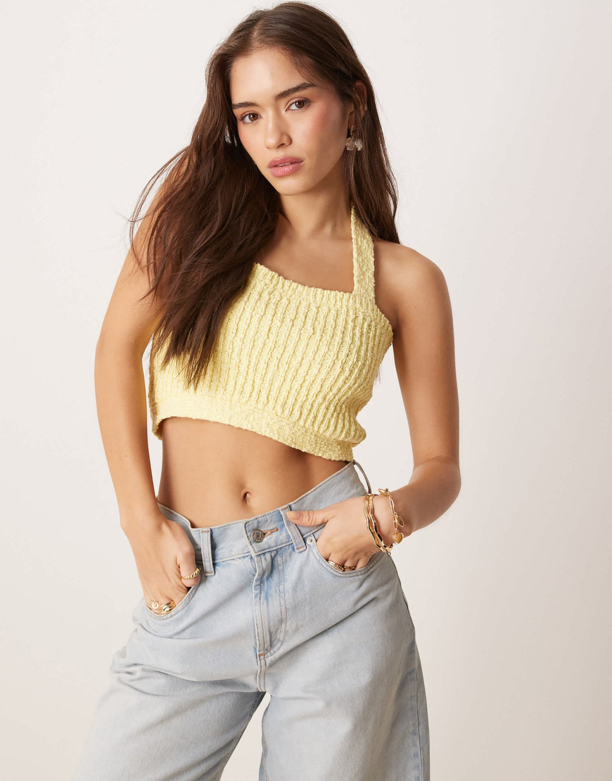 ASOS DESIGN knitted halter crop top in slub yarn in yellow - ASOS Sample Sale