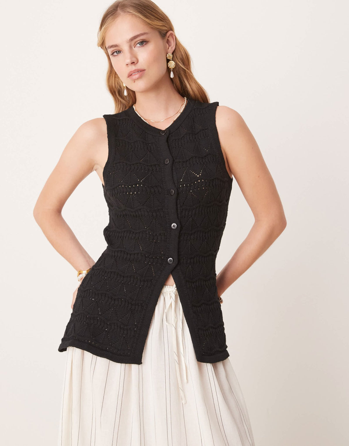 ASOS DESIGN knitted lace stitch waistcoat in black - ASOS Sample Sale