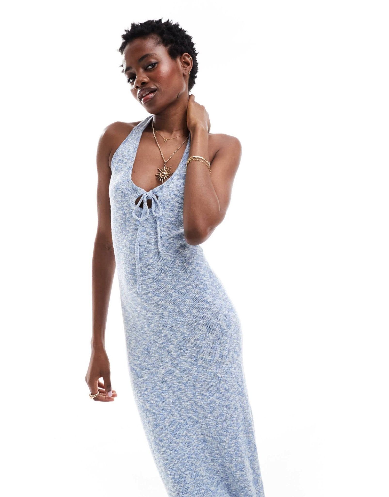 ASOS DESIGN knitted midaxi dress with contrast trim and tie front in blue - ASOS Sample Sale