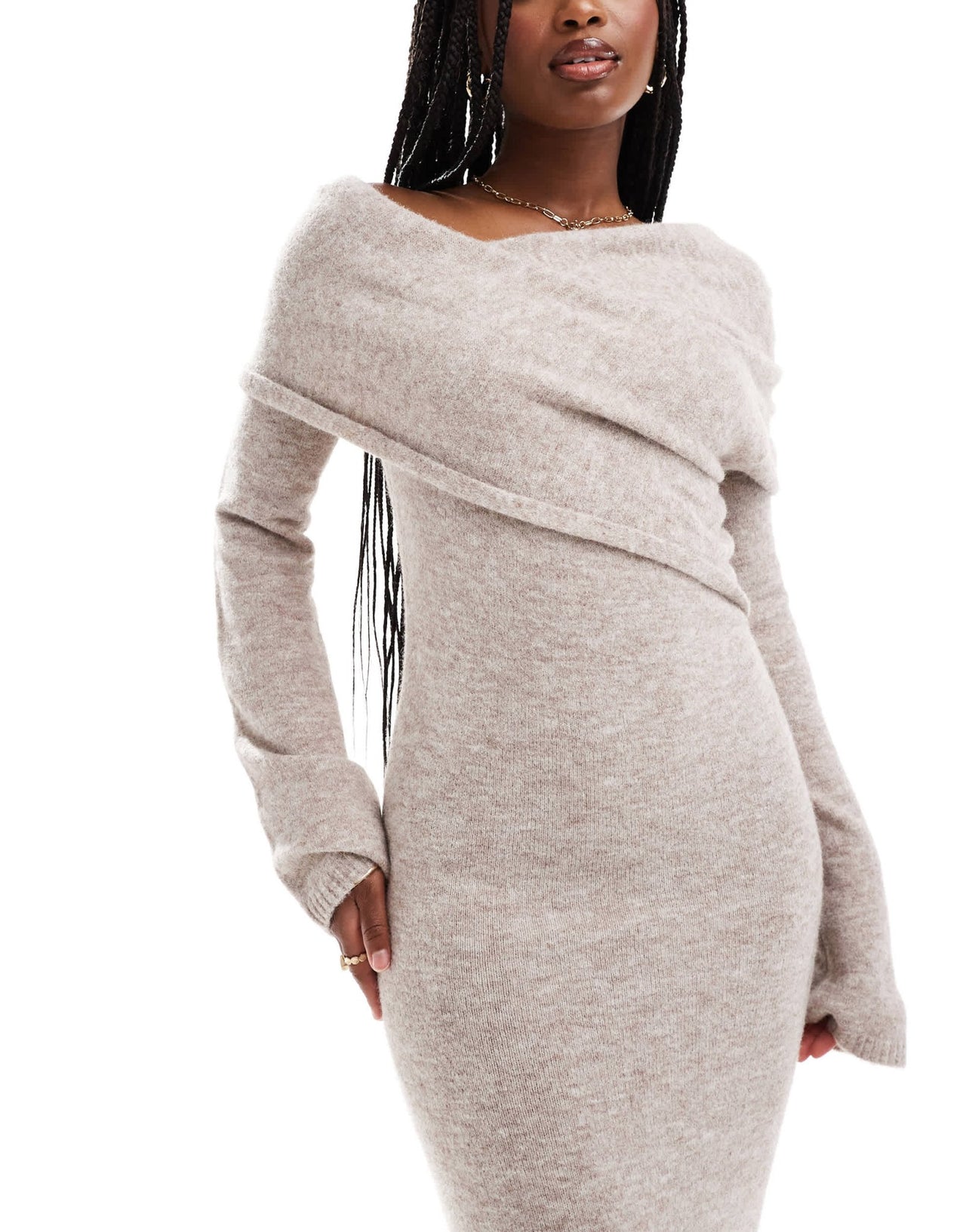 ASOS DESIGN knitted midi dress with bardot wrap detail in stone - ASOS Sample Sale