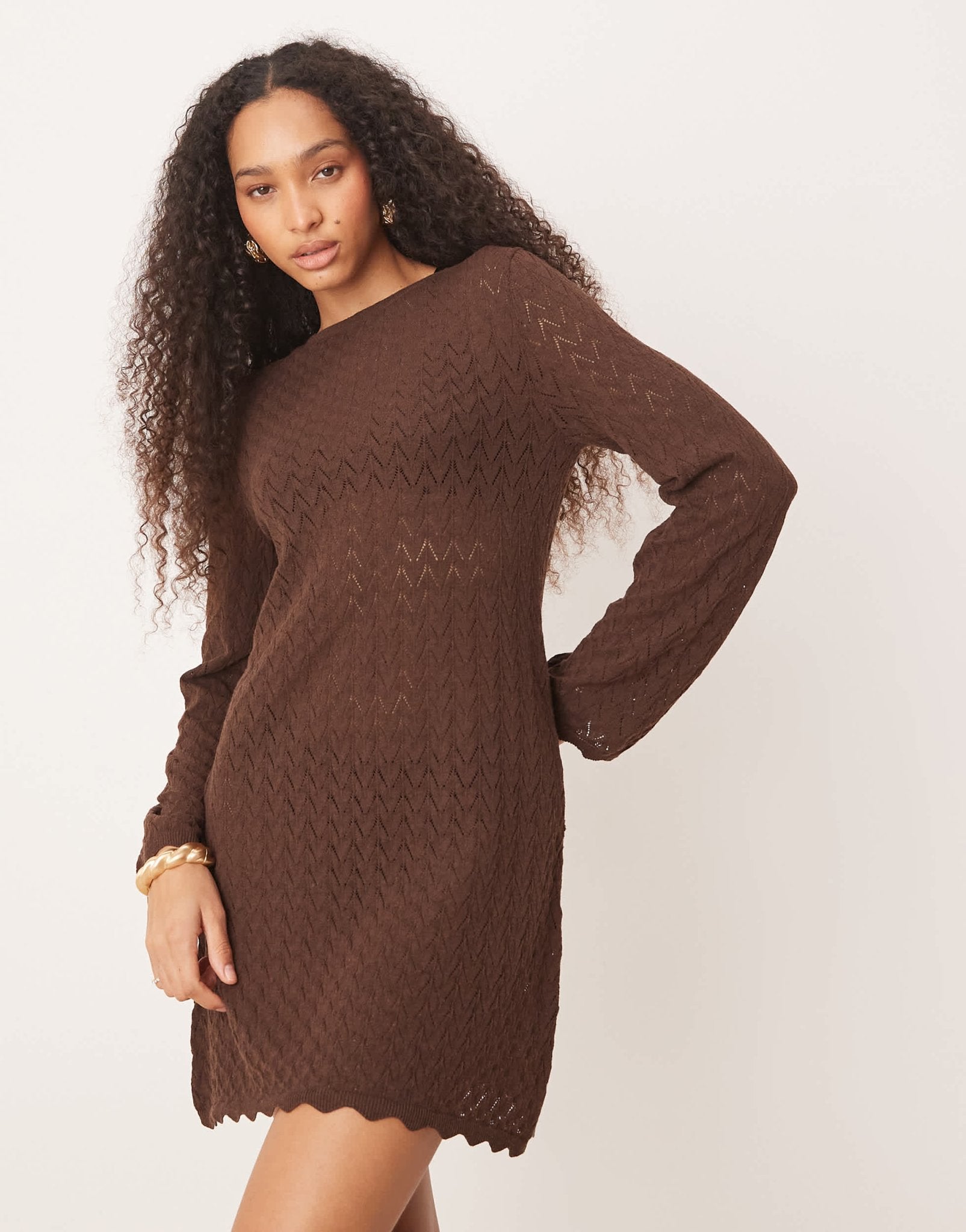 ASOS DESIGN knitted mini dress with flared sleeve in brown - ASOS Sample Sale