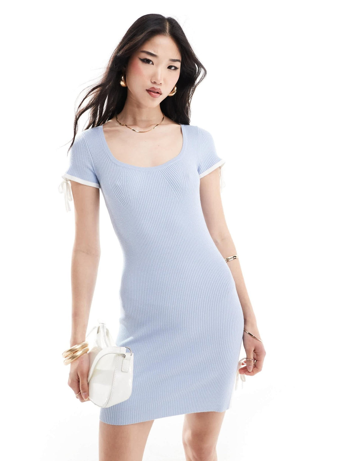 ASOS DESIGN knitted mini dress with scoop neck and tie details in baby blue - ASOS Sample Sale