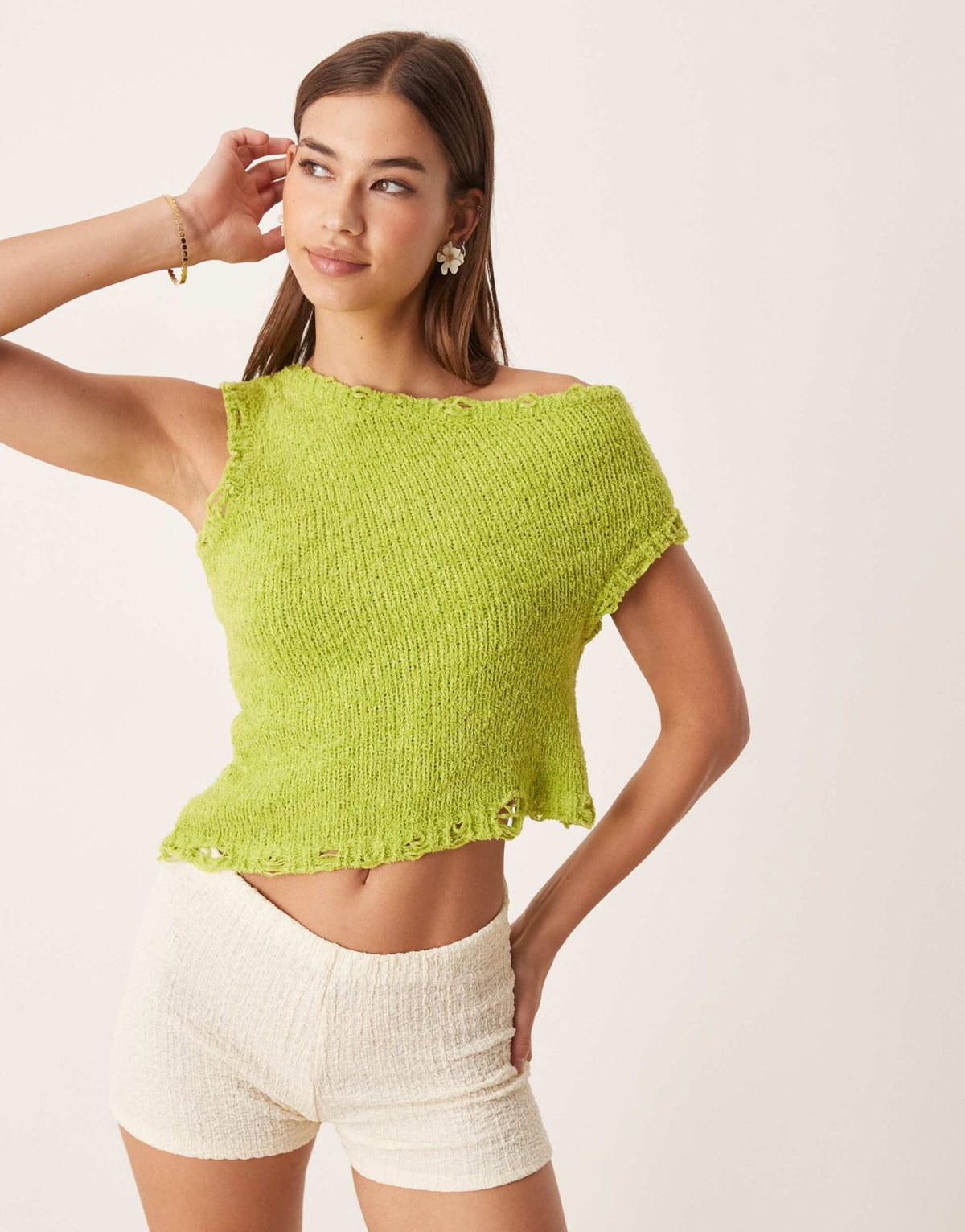 ASOS DESIGN knitted one shoulder top in slub yarn with raw edge in green - ASOS Sample Sale