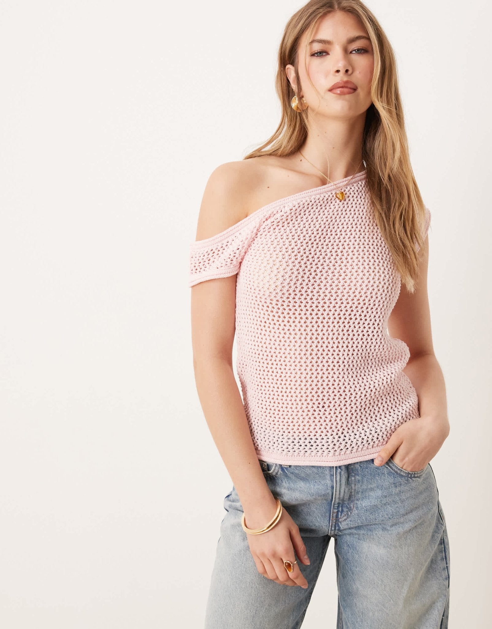 ASOS DESIGN knitted one shoulder top in soft pink - ASOS Sample Sale