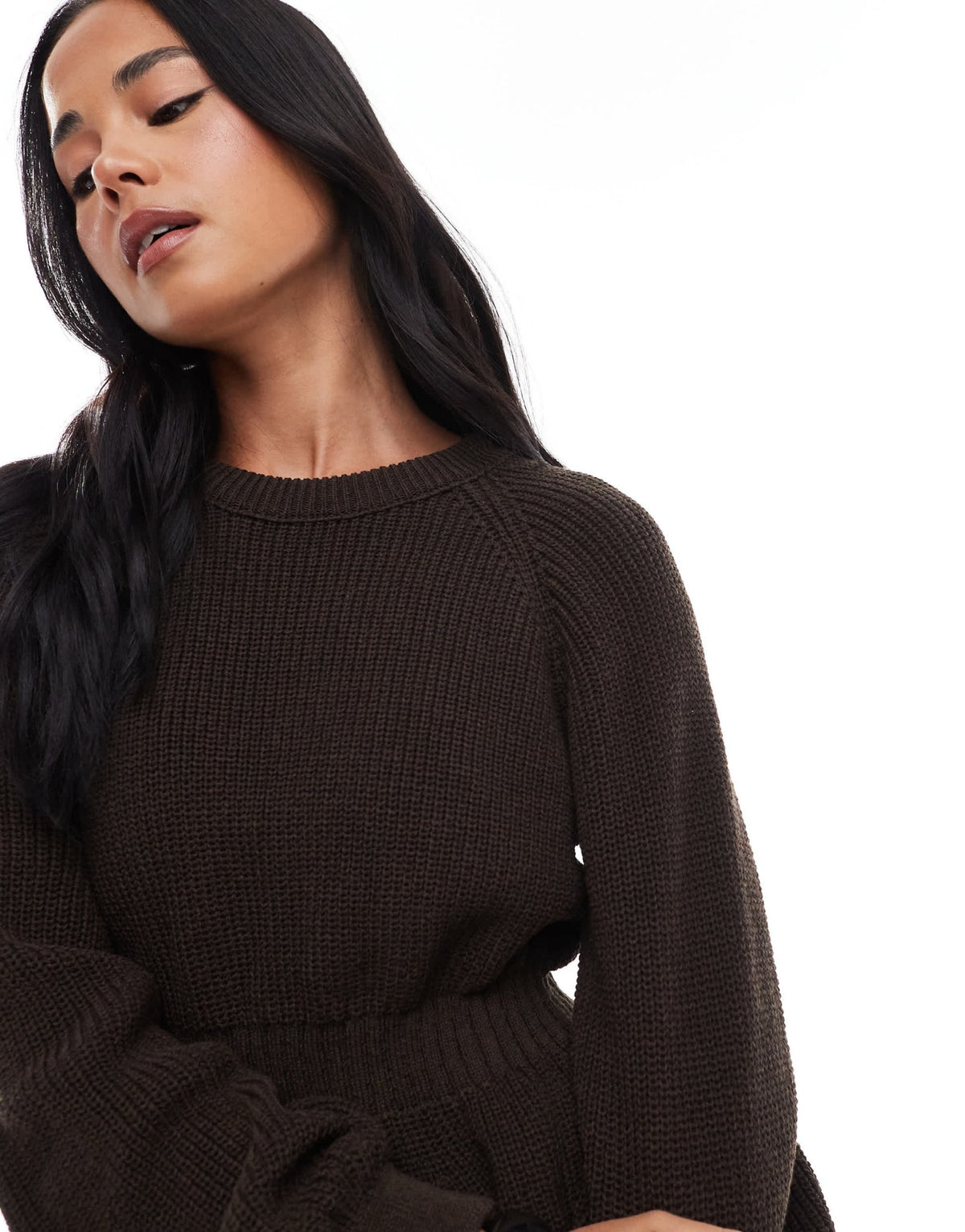 ASOS DESIGN knitted peplum jumper with cinch waist in brown - ASOS Sample Sale