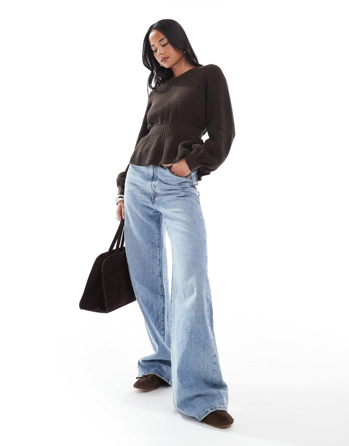 ASOS DESIGN knitted peplum jumper with cinch waist in brown - ASOS Sample Sale