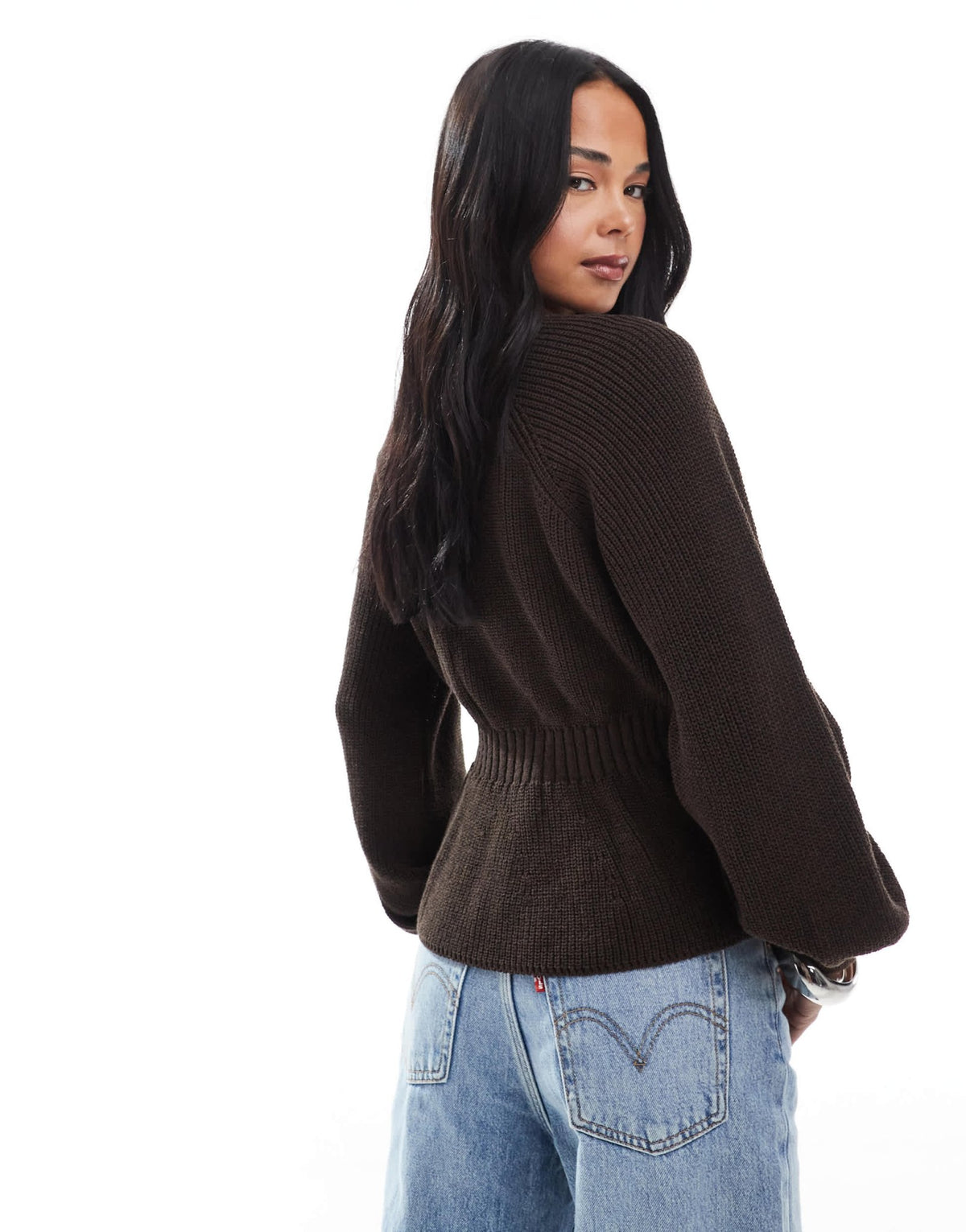 ASOS DESIGN knitted peplum jumper with cinch waist in brown - ASOS Sample Sale
