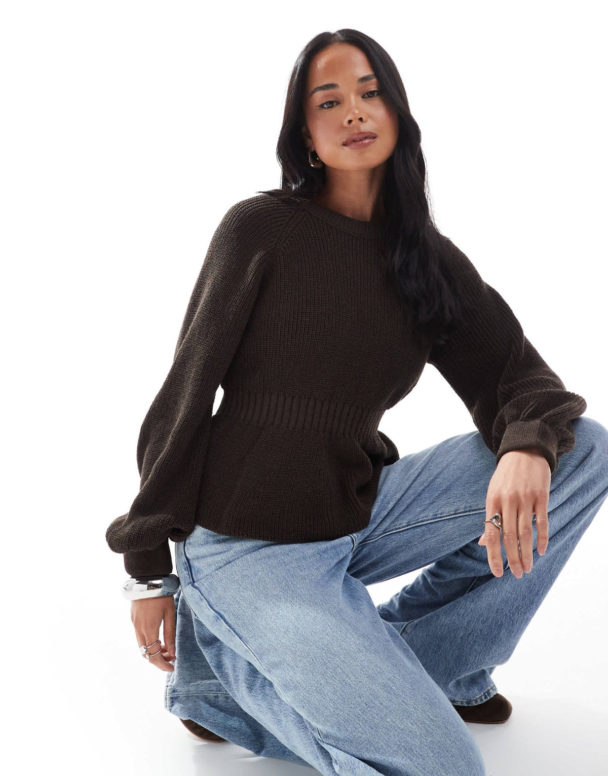 ASOS DESIGN knitted peplum jumper with cinch waist in brown - ASOS Sample Sale
