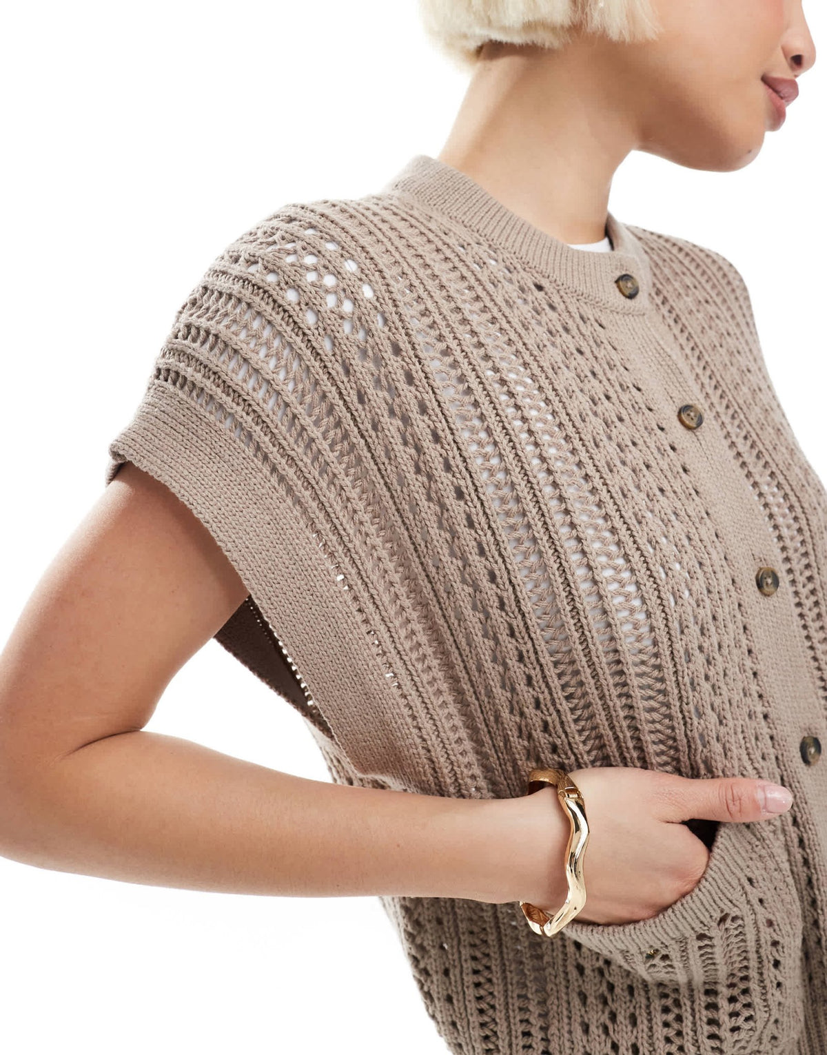ASOS DESIGN knitted pointelle crew neck boxy waistcoat in taupe - ASOS Sample Sale
