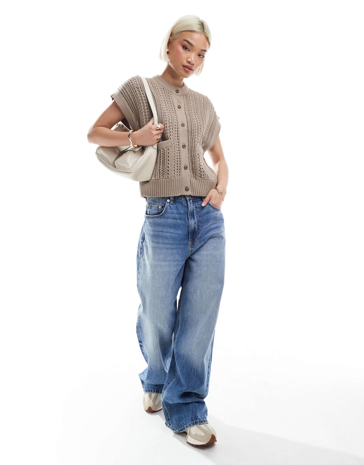 ASOS DESIGN knitted pointelle crew neck boxy waistcoat in taupe - ASOS Sample Sale