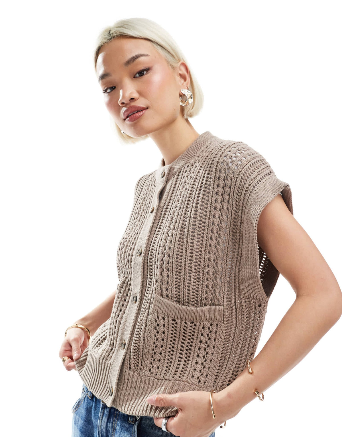 ASOS DESIGN knitted pointelle crew neck boxy waistcoat in taupe - ASOS Sample Sale