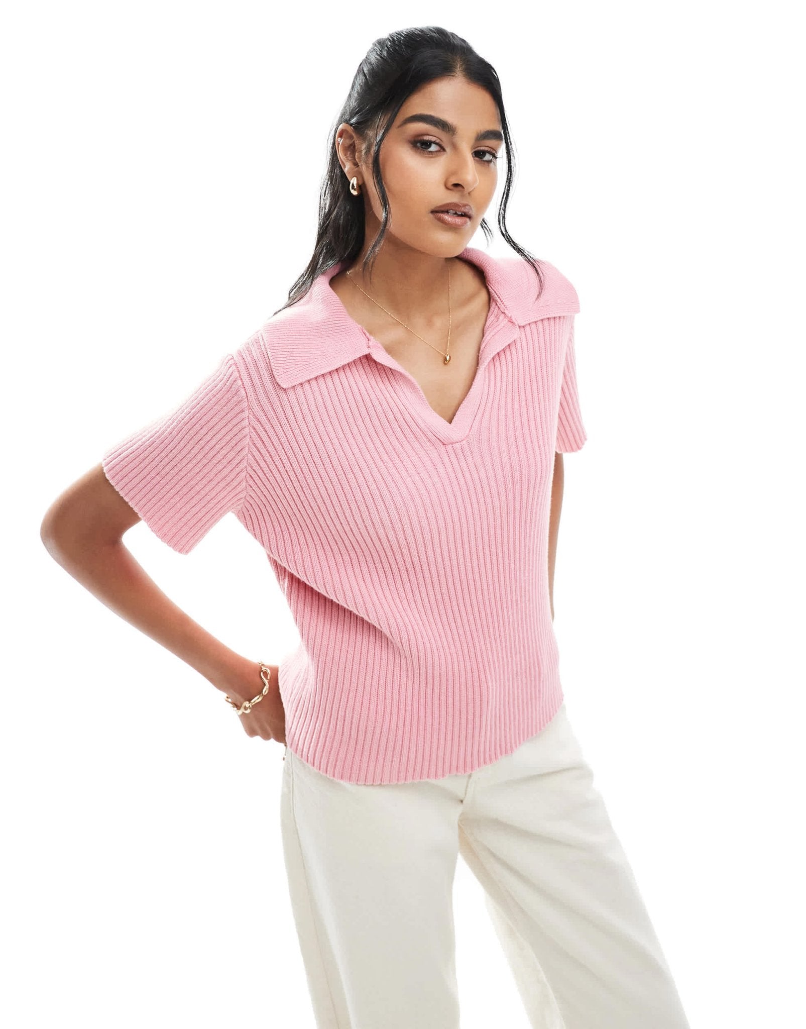 ASOS DESIGN knitted polo top in pink - ASOS Sample Sale