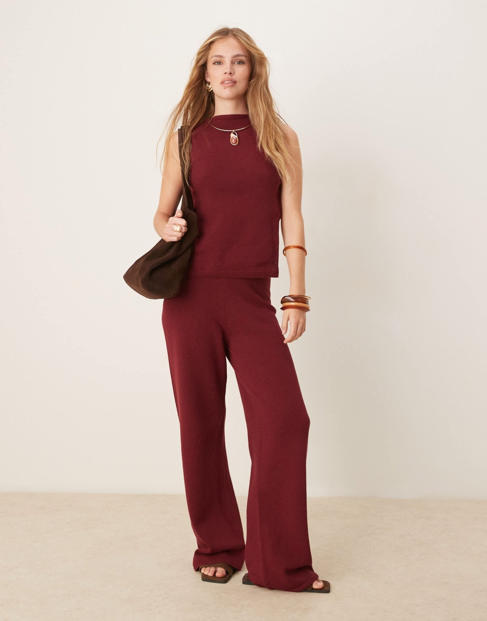 ASOS DESIGN knitted racer top with angled front panel in burgundy - ASOS Sample Sale
