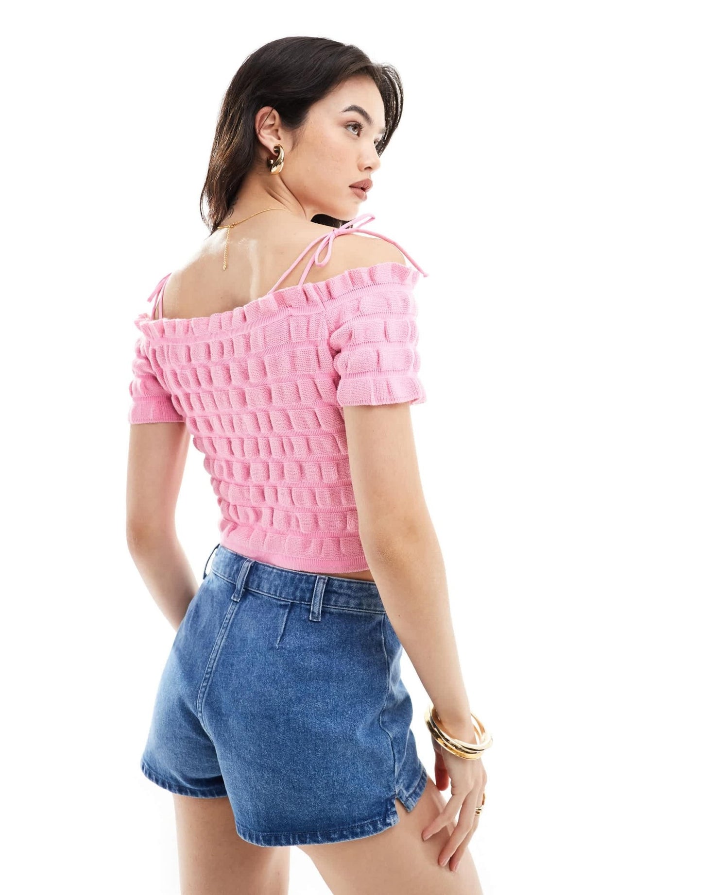ASOS DESIGN knitted shirred bardot top with tie strap and bow detail in pink - ASOS Sample Sale
