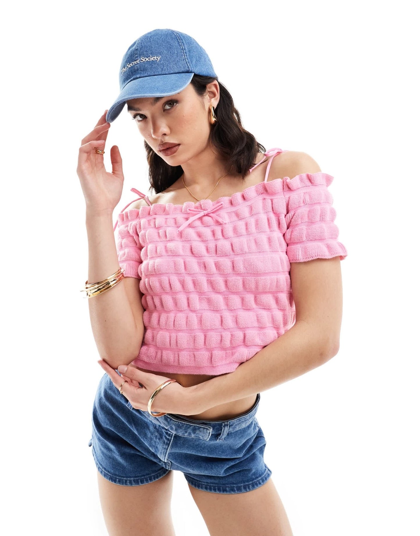 ASOS DESIGN knitted shirred bardot top with tie strap and bow detail in pink - ASOS Sample Sale