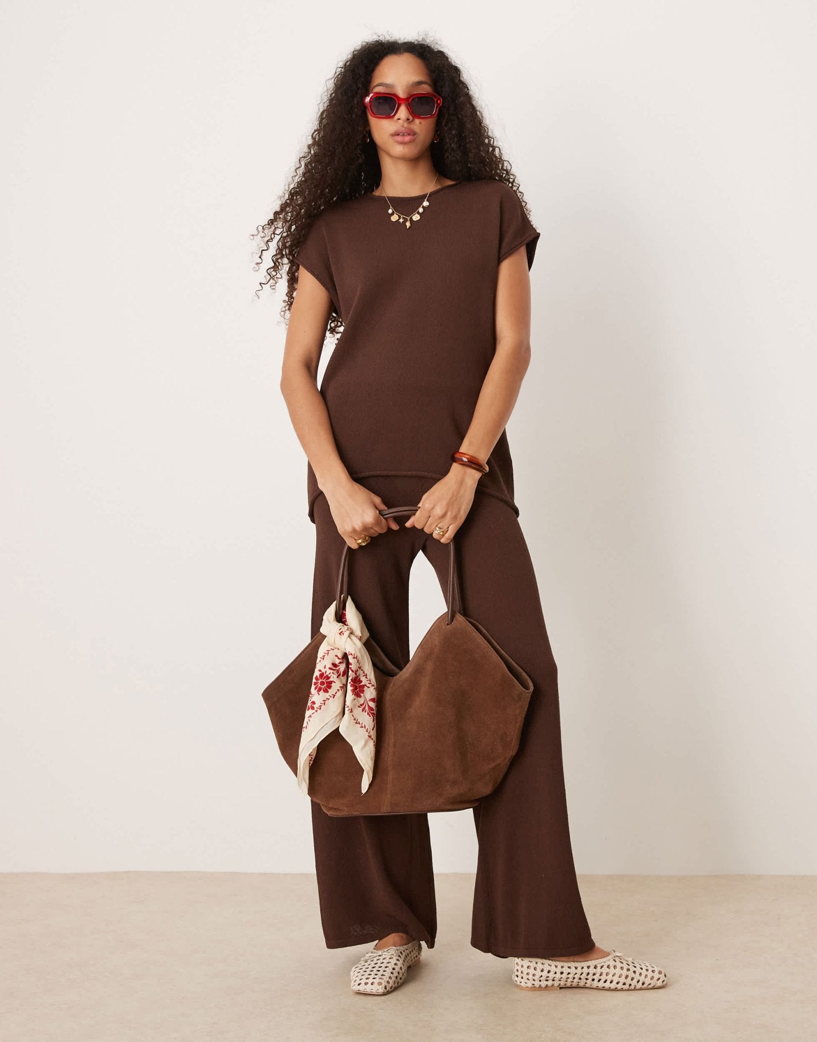 ASOS DESIGN knitted slub t shirt co-ord in chocolate - ASOS Sample Sale