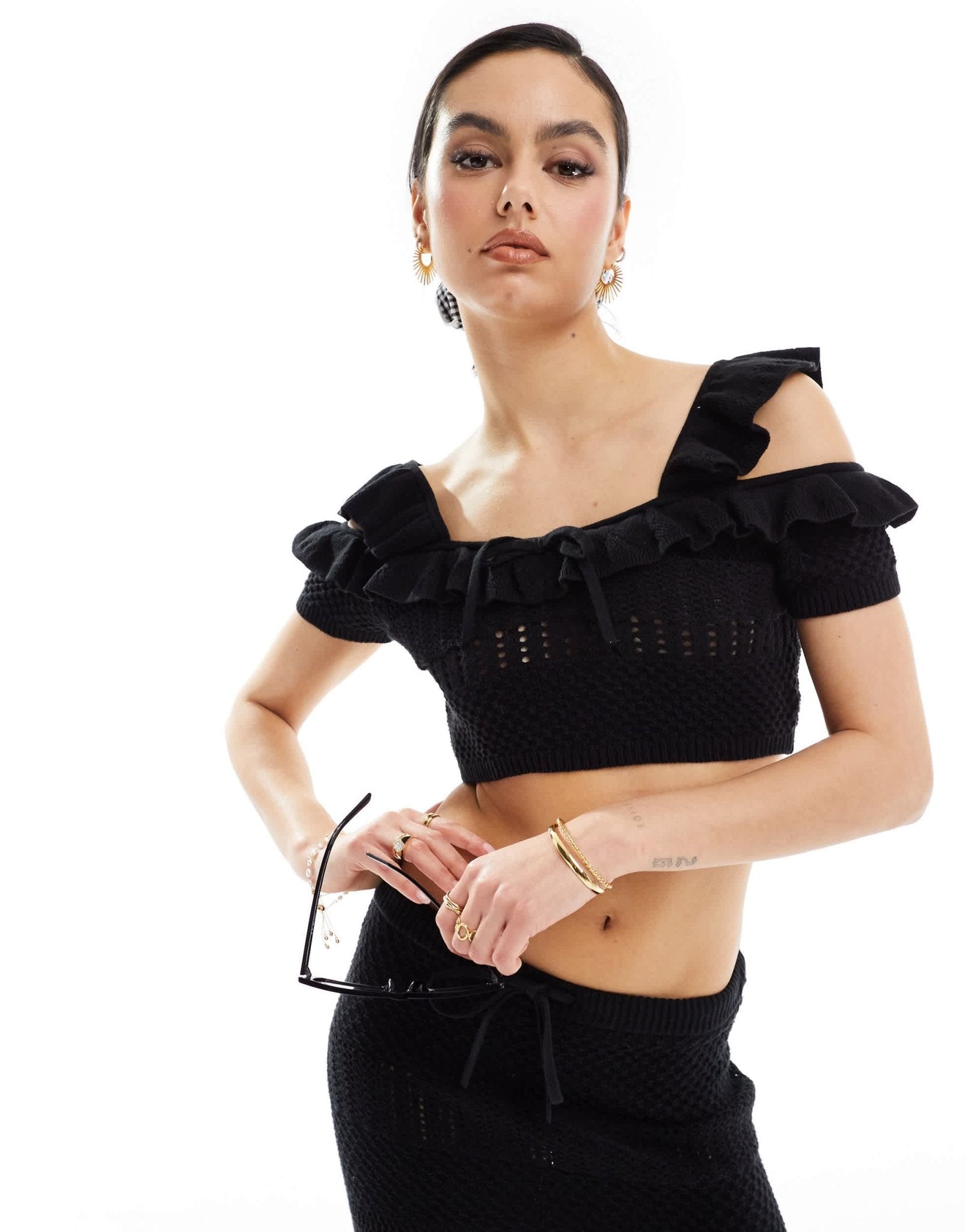 ASOS DESIGN knitted stitch cami top with tie detail co - ord in black - ASOS Sample Sale