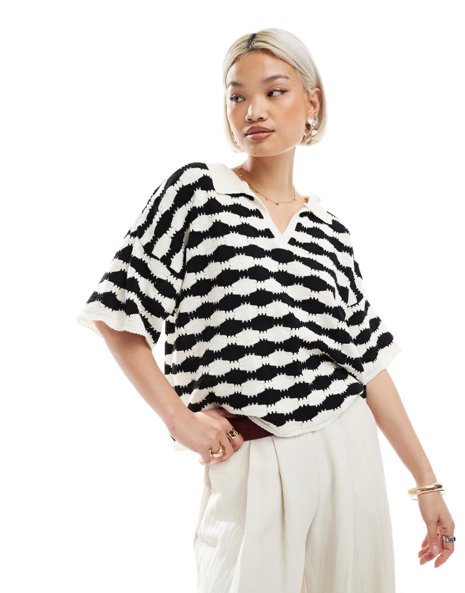 ASOS DESIGN knitted stitch relaxed polo top in mono stripe - ASOS Sample Sale