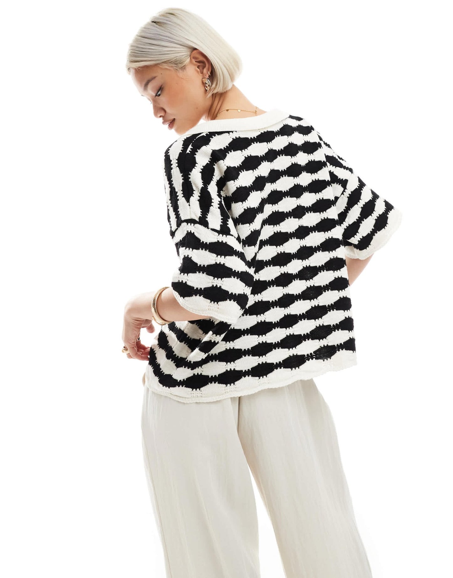 ASOS DESIGN knitted stitch relaxed polo top in mono stripe - ASOS Sample Sale