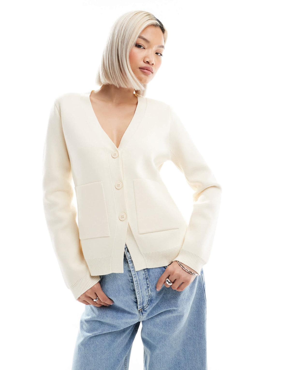 ASOS DESIGN knitted structured v neck cardigan with seam detail in cream - ASOS Sample Sale