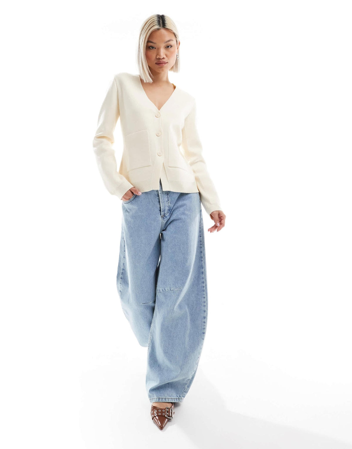 ASOS DESIGN knitted structured v neck cardigan with seam detail in cream - ASOS Sample Sale