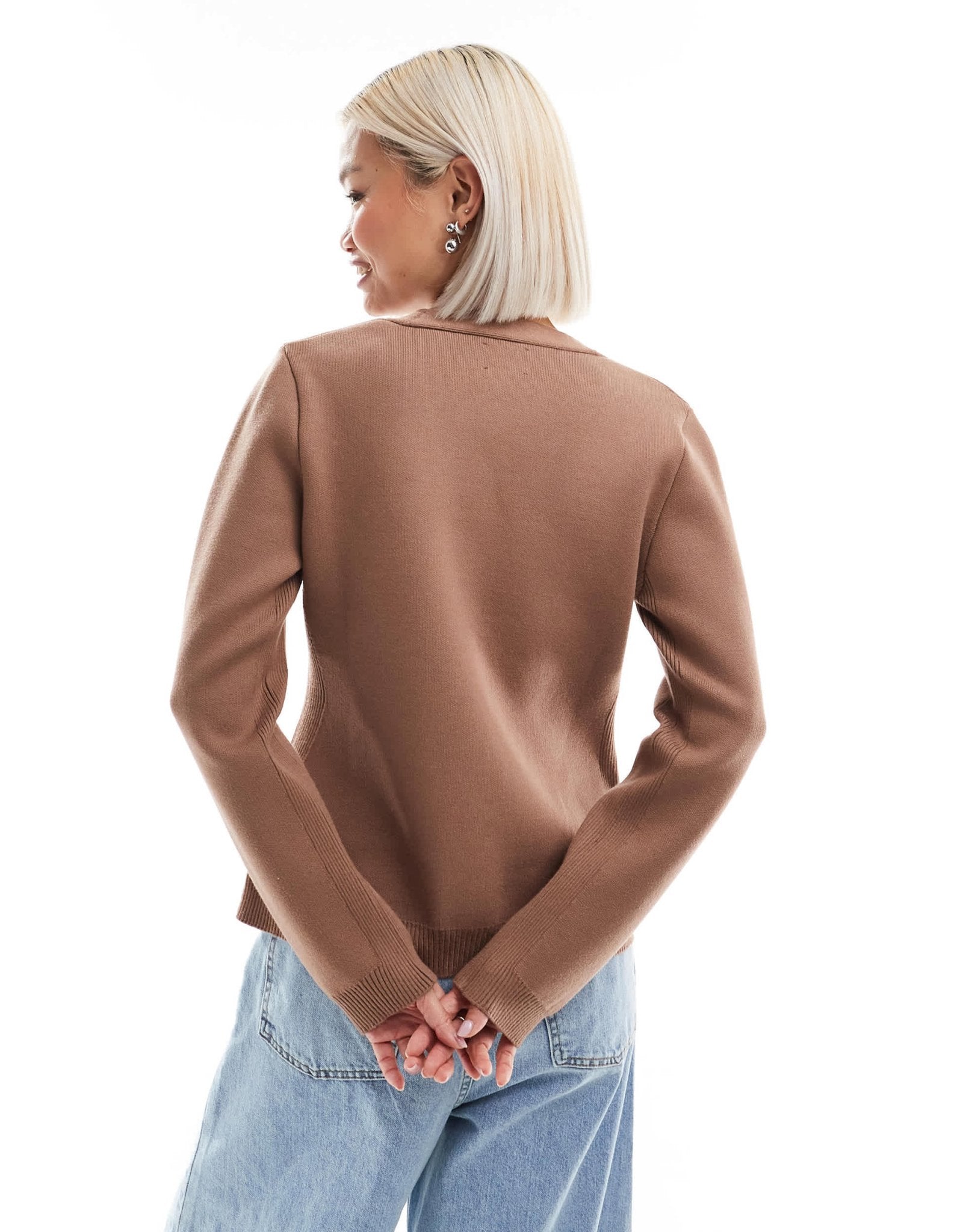 ASOS DESIGN knitted structured v neck cardigan with seam detail in mocha - ASOS Sample Sale